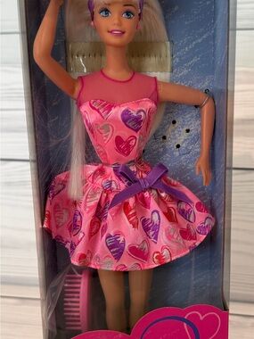 1997 Valentine Barbie with Pink Heart Print Dress with Purple Bow, new, unopened